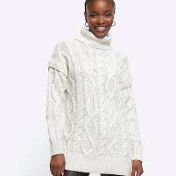 River Island Off-White Cable Knit Turtleneck Sweater - Picture 2 of 10